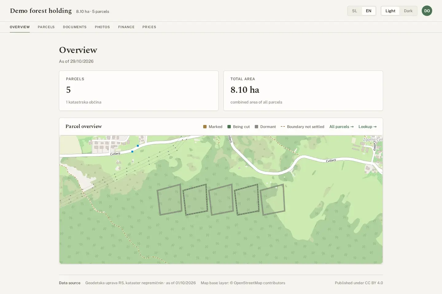 Hosta overview with five demonstration parcels outlined on a forest map.