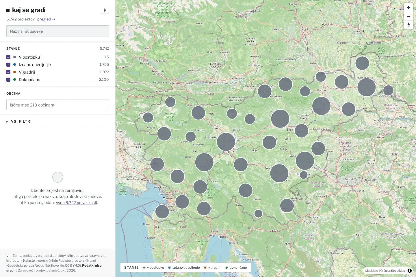 kajsegradi construction map of Slovenia with status and municipality filters.