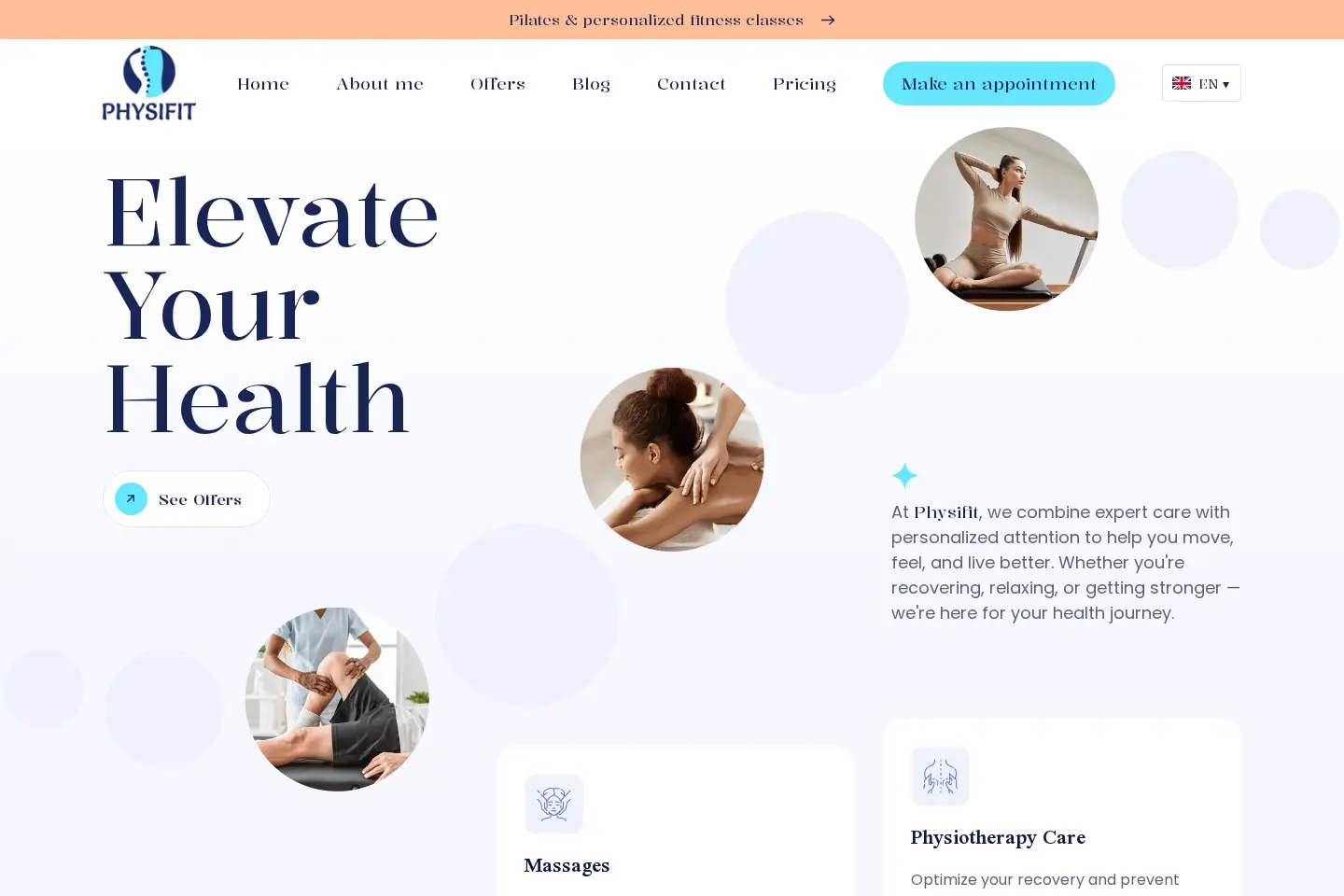 Physifit homepage with its introduction, service navigation and wellness imagery.